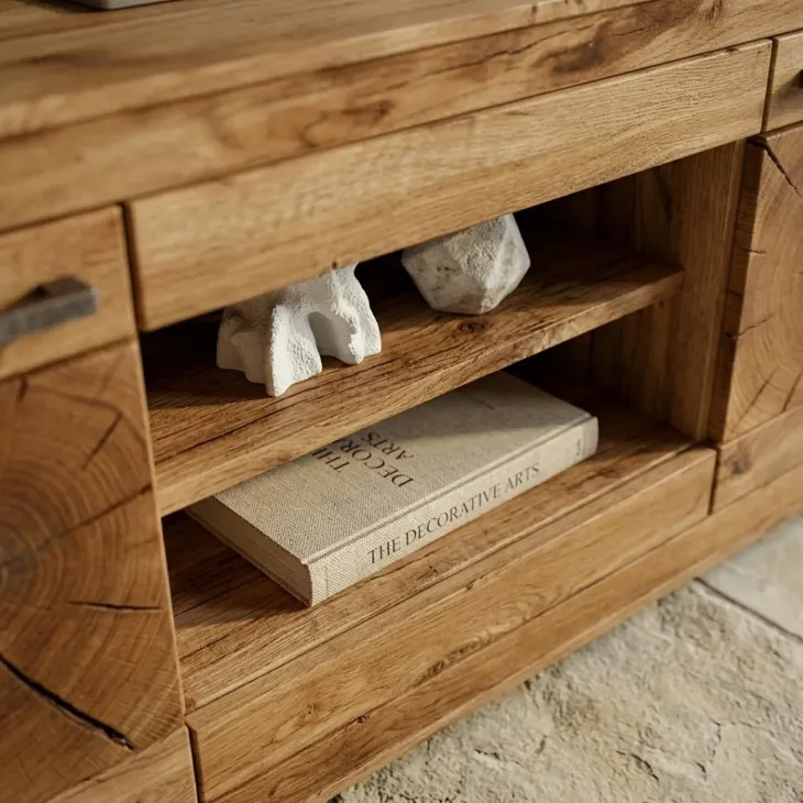 Mobile porta TV credenza 150x62h cm 2 ante 2 ripiani a vista legno massello rovere Ebania