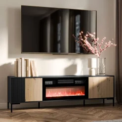 Mobile porta TV moderno 180x54h cm con camino elettrico rovere nero Duble
