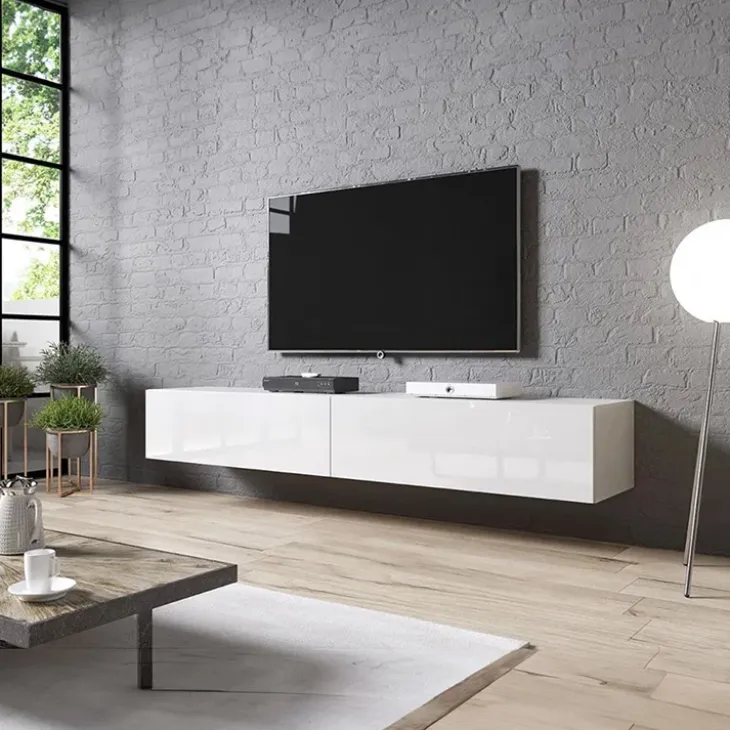 Mobile porta TV sospeso 200x30h cm 2 ante bianco lucido Southampton