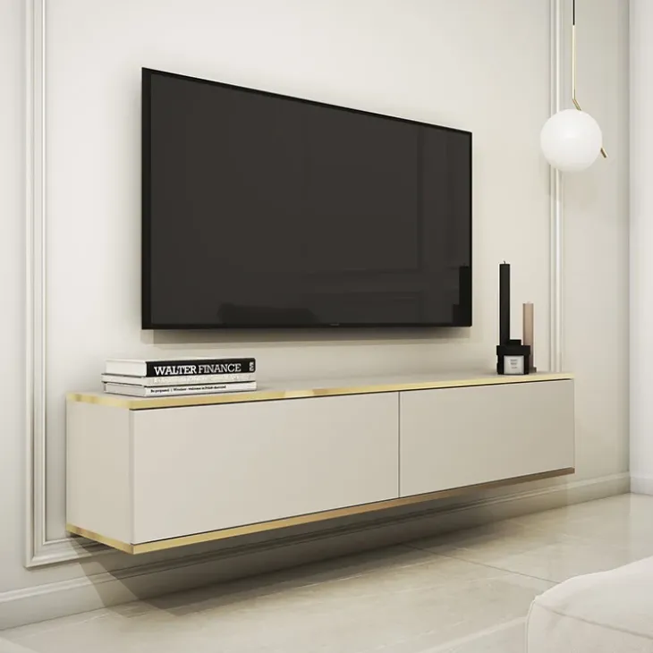 Mobile porta TV sospeso 135x30h cm 2 ante moderno beige oro Linus