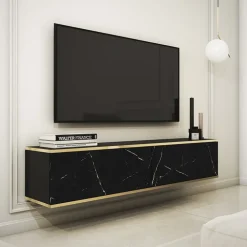 Mobile porta TV sospeso 135x30h cm 2 ante moderno effetto marmo nero oro Linus