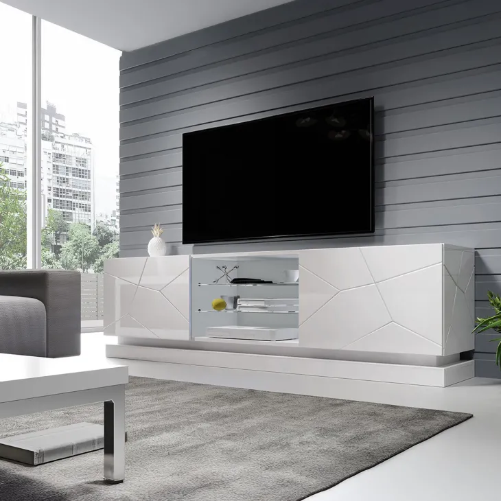 Mobile porta tv sospeso 200x57h cm 2 ante 2 vani a giorno bianco lucido Bianca