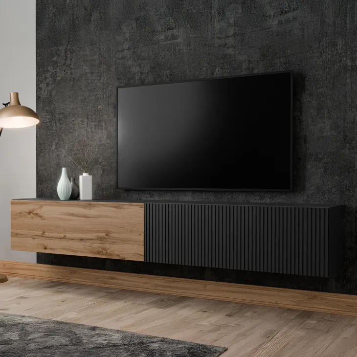 Mobile porta TV sospeso 200x31h cm 2 ante a ribalta nero opaco rovere wotan Mirel