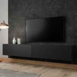 Mobile porta TV sospeso 200x31h cm 2 ante a ribalta nero opaco Mirel