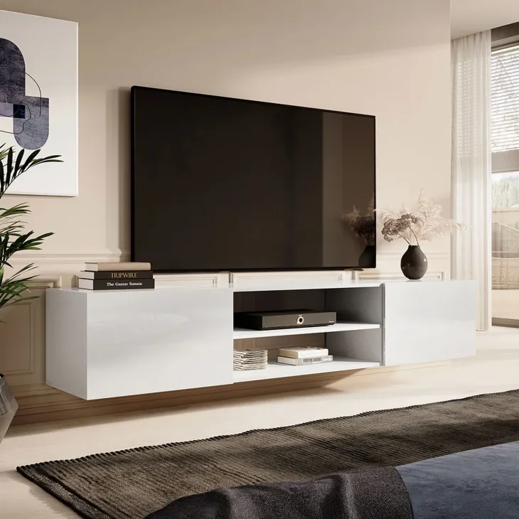Mobile porta tv sospeso 200x37h cm 2 ante 2 vani a giorno bianco lucido Southampton