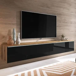 Mobile porta TV sospeso 180x30h cm con LED nero lucido rovere Silvia