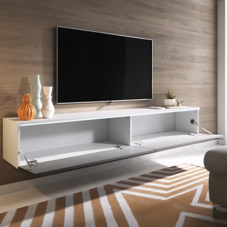 Mobile porta TV sospeso 180x30h cm con LED design bianco lucido Silvia