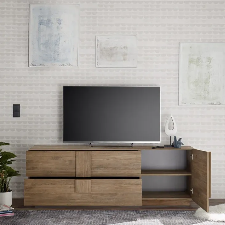 Mobile porta TV 182x63h cm 1 anta 2 cassetti moderno rovere scuro Alvarez
