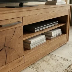 Mobile porta TV 130x62h cm 1 anta 2 ripiani a vista legno massello rovere Ebania