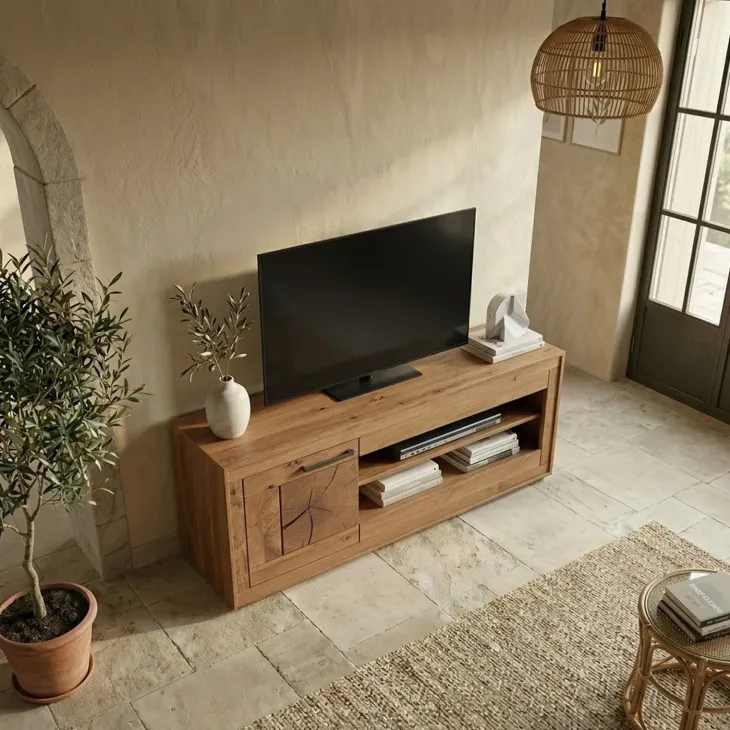 Mobile porta TV 130x62h cm 1 anta 2 ripiani a vista legno massello rovere Ebania