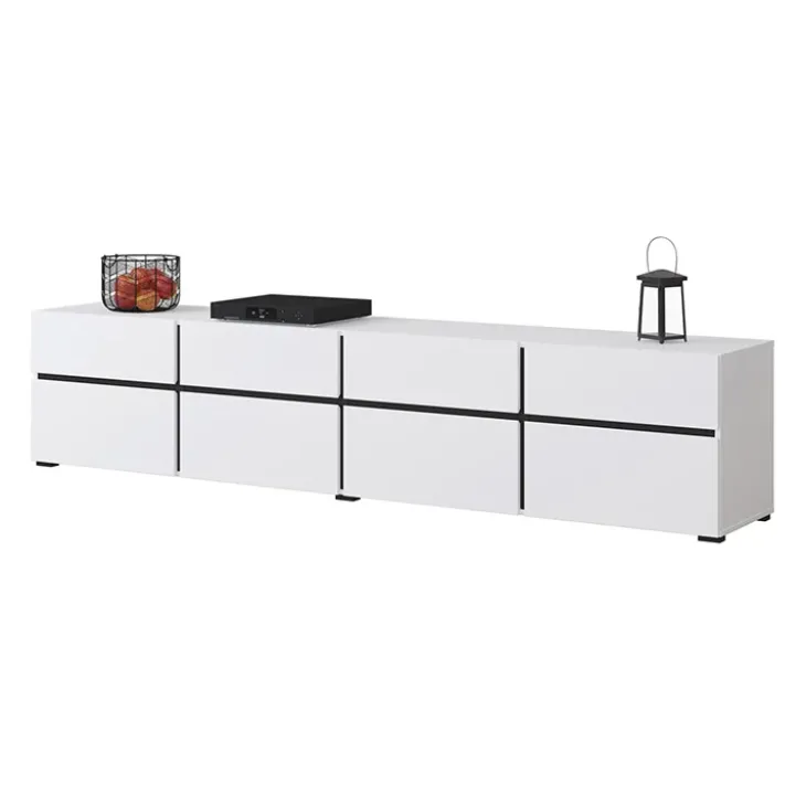 Mobile porta TV 225x48h cm 4 ante a ribalta 4 cassetti moderno bianco opaco nero Lolla