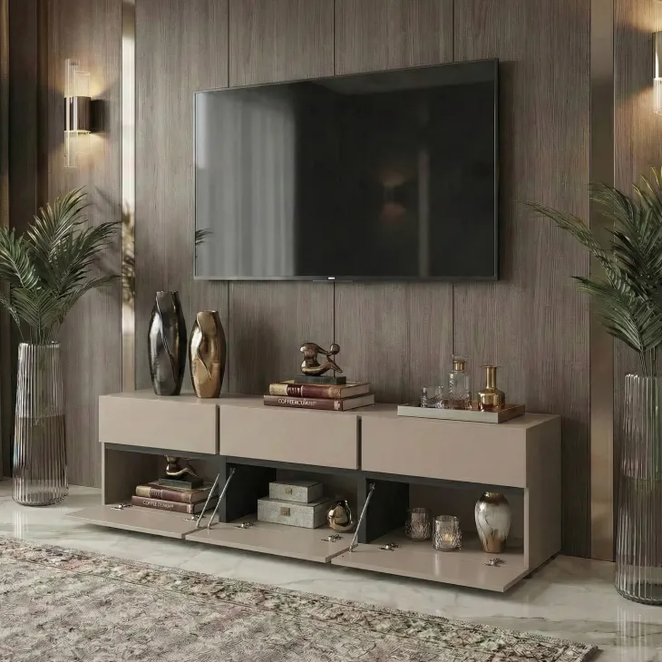 Mobile porta TV 180x48h cm 3 ante a ribalta 3 cassetti tortora nero Lolla