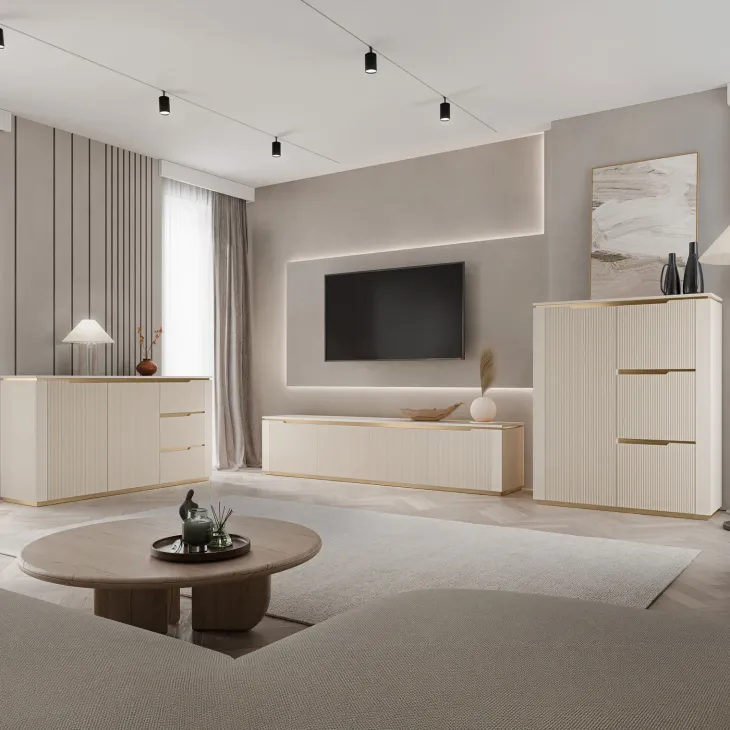 Mobile porta TV 219x50h cm 4 ante a ribalta cannettato beige cashmere oro Gatsby
