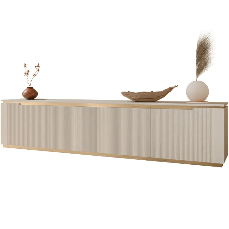 Mobile porta TV 219x50h cm 4 ante a ribalta cannettato beige cashmere oro Gatsby