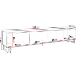 Mobile porta tv 200x40h cm 4 ante cannettato moderno nero grafite Tiziana