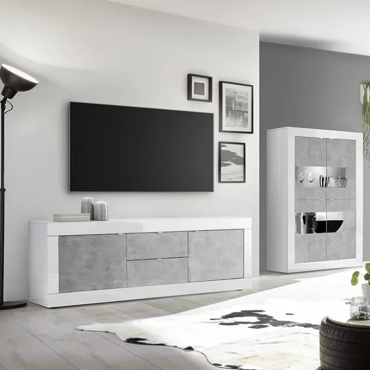 Mobile porta TV 210x66h cm 2 ante 2 cassetti bianco lucido cemento Eternity