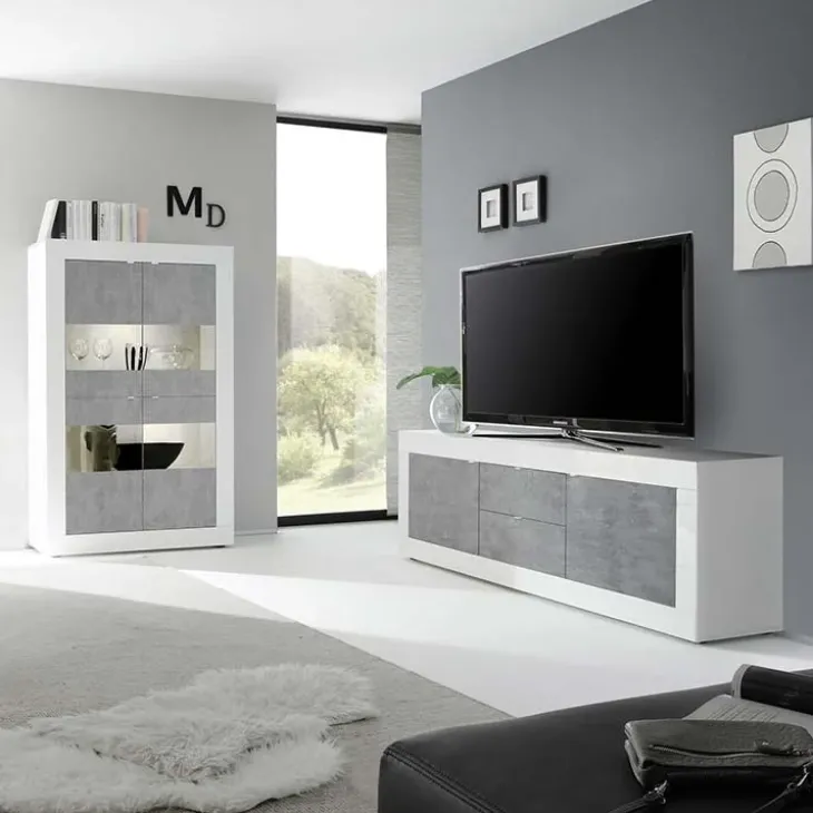Mobile porta TV 210x66h cm 2 ante 2 cassetti bianco lucido cemento Eternity