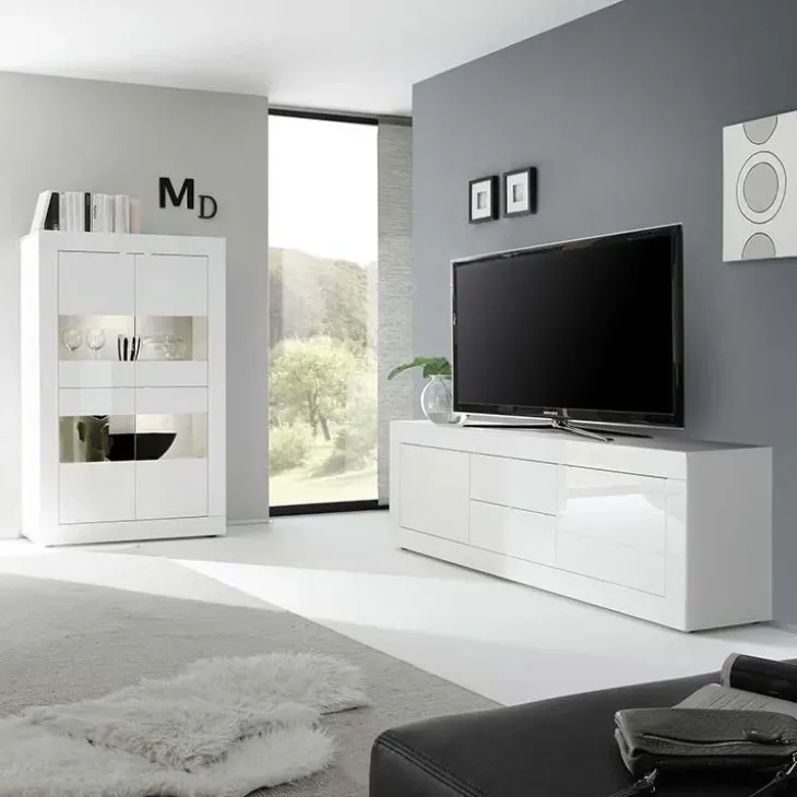 Mobile porta TV 210x66h cm 2 ante 2 cassetti bianco lucido Eternity