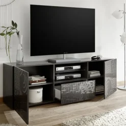 Mobile porta TV 181x57h cm 2 ante 1 cassetto soggiorno grigio laccato lucido Paradise