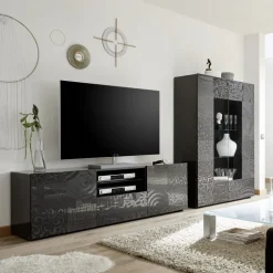 Mobile porta TV 181x57h cm 2 ante 1 cassetto soggiorno grigio laccato lucido Paradise