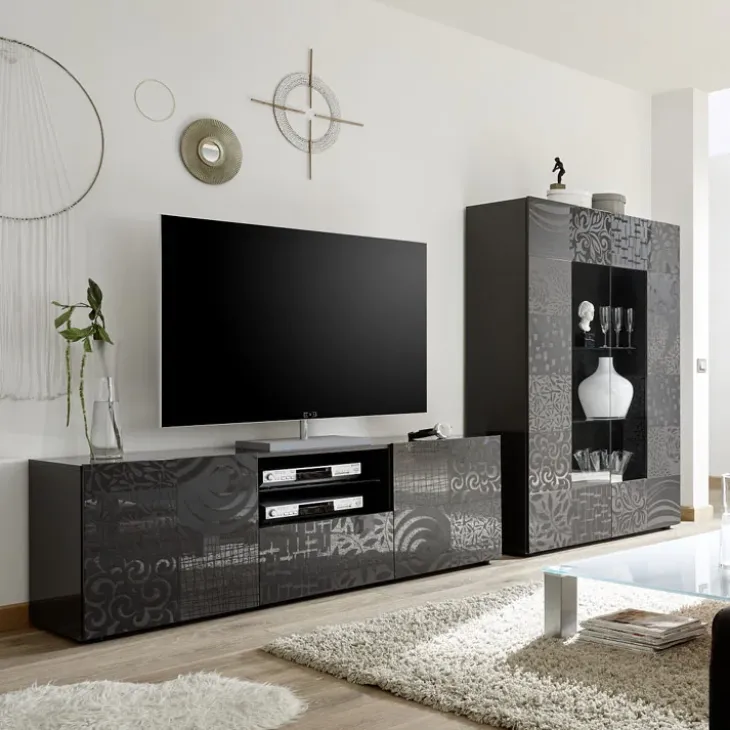 Mobile porta TV 181x57h cm 2 ante 1 cassetto soggiorno grigio laccato lucido Paradise
