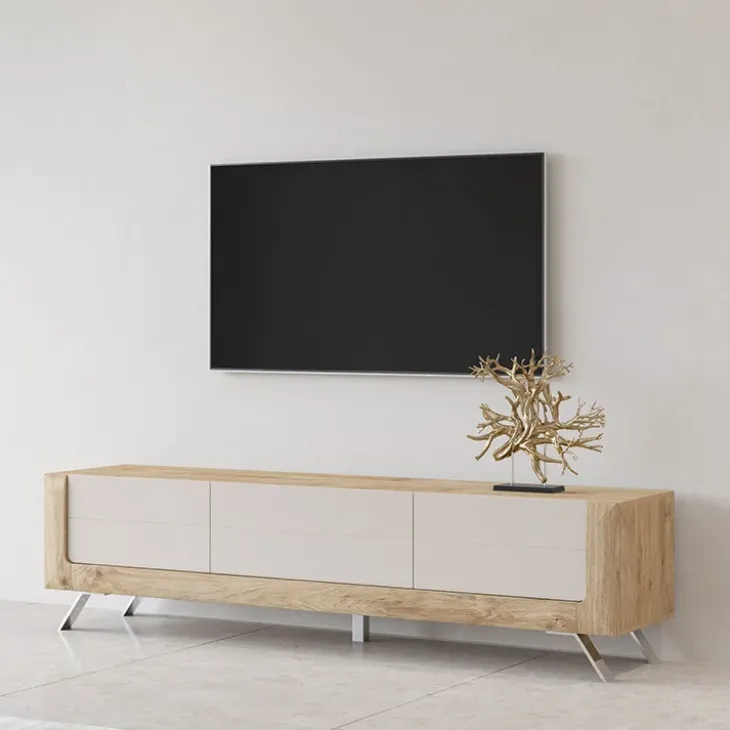 Mobile porta TV 200x52h cm 2 ante 1 cassetto rovere tortora lucido Jumbo