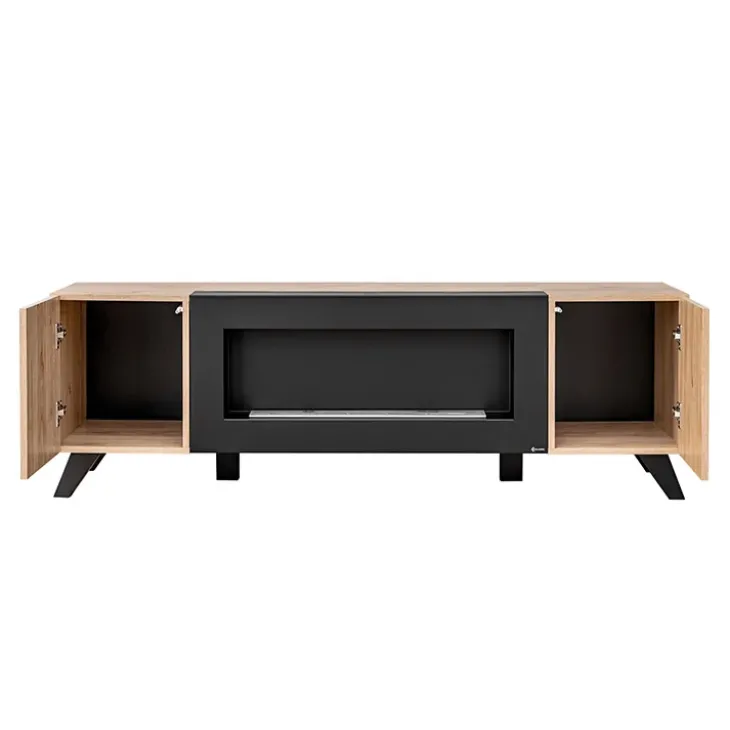 Mobile porta TV 160x52h cm 2 ante con biocamino noce con stampa nera Mendes