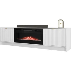 Mobile porta TV 182x48h cm 2 ante con caminetto elettrico bianco cannettato nero Athena