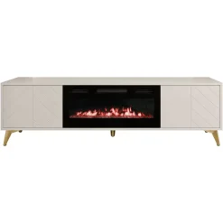 Mobile porta TV 184x53h cm 2 ante con caminetto elettrico frontali serigrafati beige nero Miriam