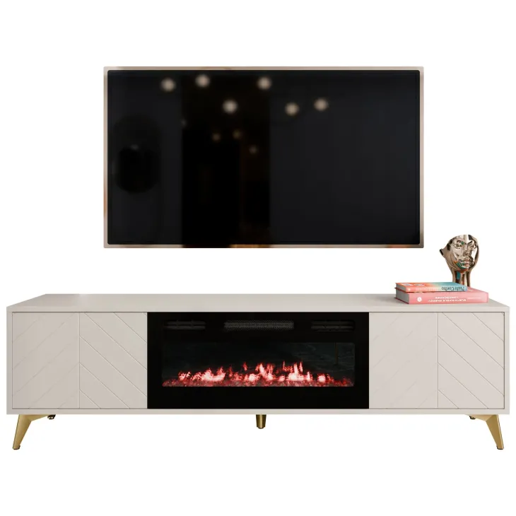 Mobile porta TV 184x53h cm 2 ante con caminetto elettrico frontali serigrafati beige nero Miriam