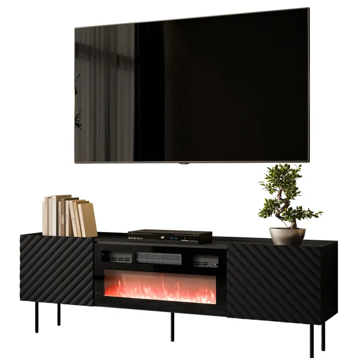 Mobile porta TV 181x59h cm 2 ante con caminetto elettrico con frontali decorati nero Daniele