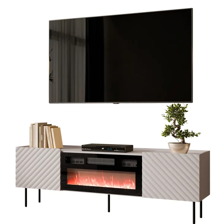 Mobile porta TV 181x59h cm 2 ante con caminetto elettrico con frontali decorati beige Daniele