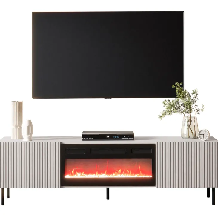 Mobile porta TV 181x53h cm 2 ante con caminetto elettrico con frontali cannettati beige Ziggy