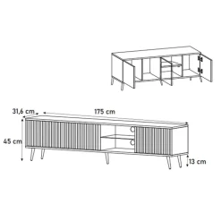 Mobile porta TV 175x45h cm 3 ante e vano a giorno bianco cannettato oro Celestia