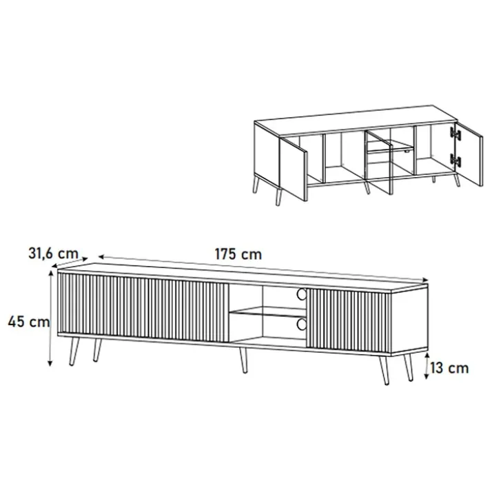 Mobile porta TV 175x45h cm 3 ante e vano a giorno bianco cannettato oro Celestia