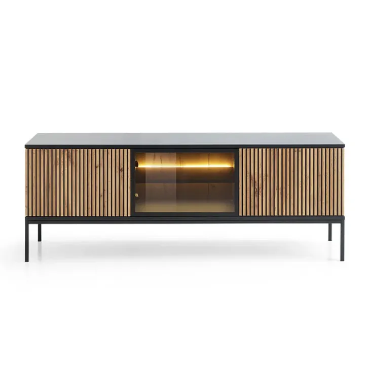 Mobile porta TV 153x56h cm 3 ante moderno nero rovere antico cannettato Bali
