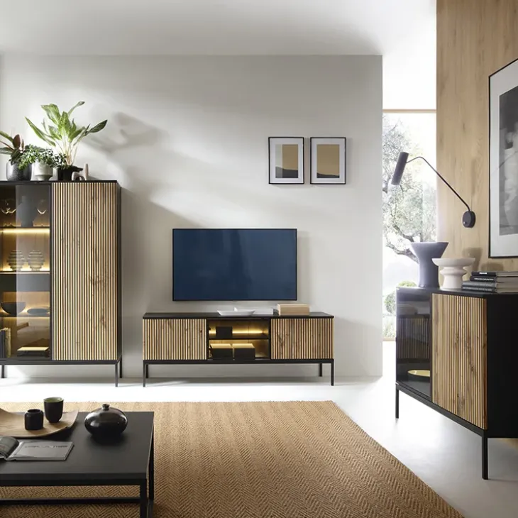 Mobile porta TV 153x56h cm 3 ante moderno nero rovere antico cannettato Bali