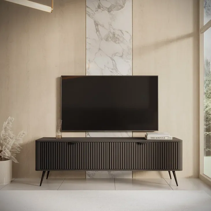 Mobile porta TV 163x51h cm 2 ante nero opaco cannettato Ramis