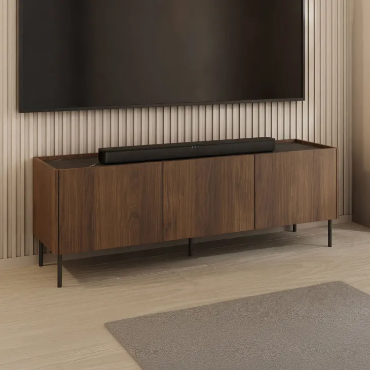 Mobile porta TV 144x50h cm 3 ante piano effetto marmo nero noce Caliva