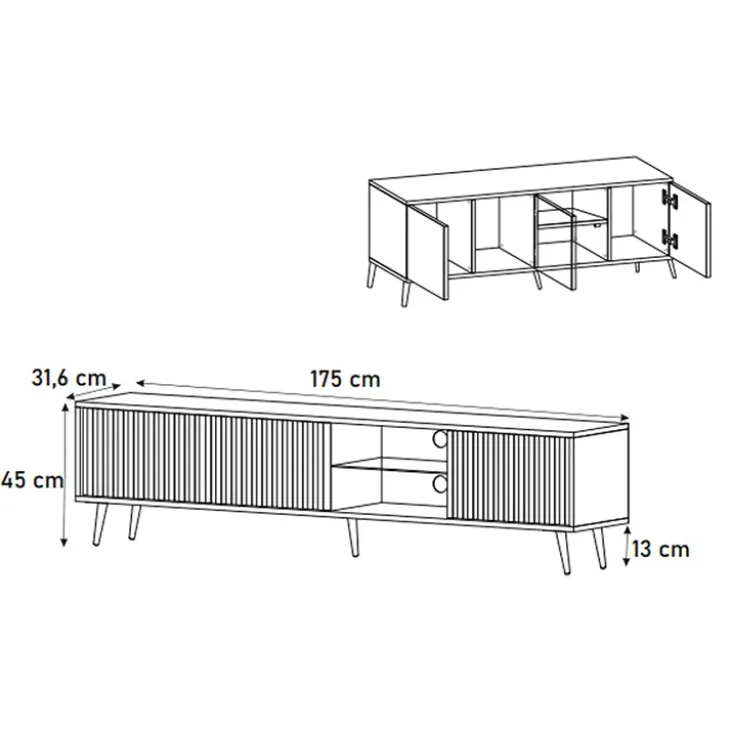 Mobile porta TV 175x45h cm 3 ante rovere cannettato nero Celestia