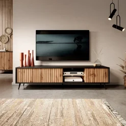 Mobile porta TV 175x45h cm 3 ante rovere cannettato nero Celestia