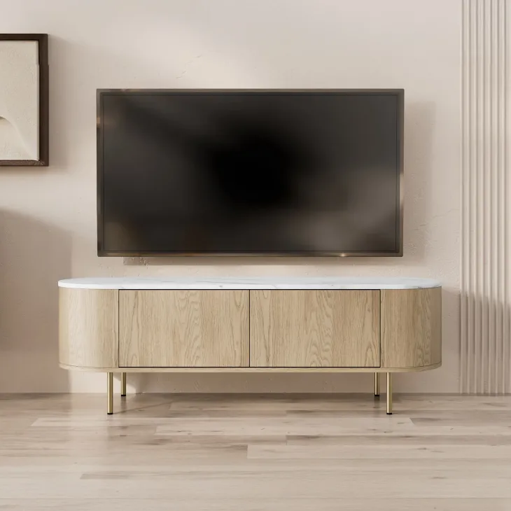 Mobile porta tv 139x45h cm 2 ante rovere effetto marmo bianco Roundi