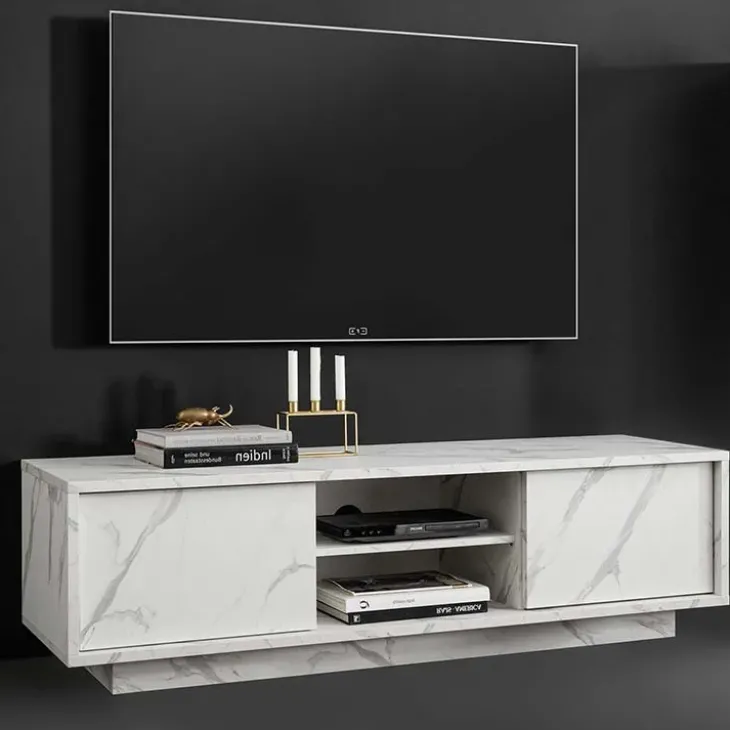 Mobile porta TV 139x44h cm 2 ante soggiorno effetto marmo bianco Viking
