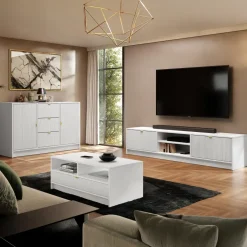 Mobile porta tv 180x40h cm 2 ante 2 vani a giorno cannettato bianco Athena