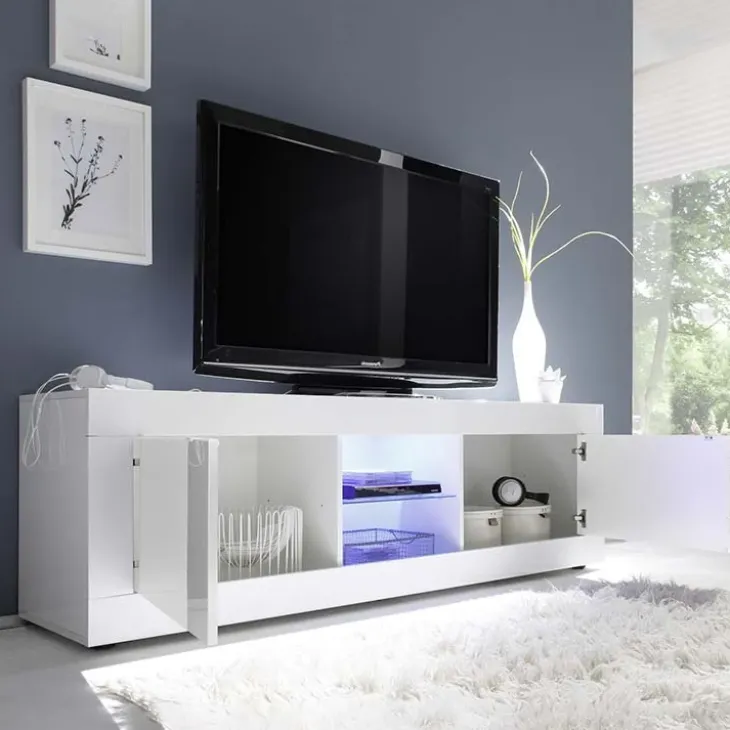 Mobile porta TV 181x56h cm 2 ante 2 vani a giorno bianco lucido Eternity