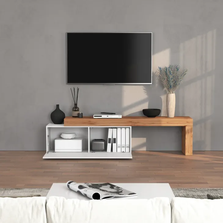 Mobile porta tv 220x51h cm bianco lucido rovere Block