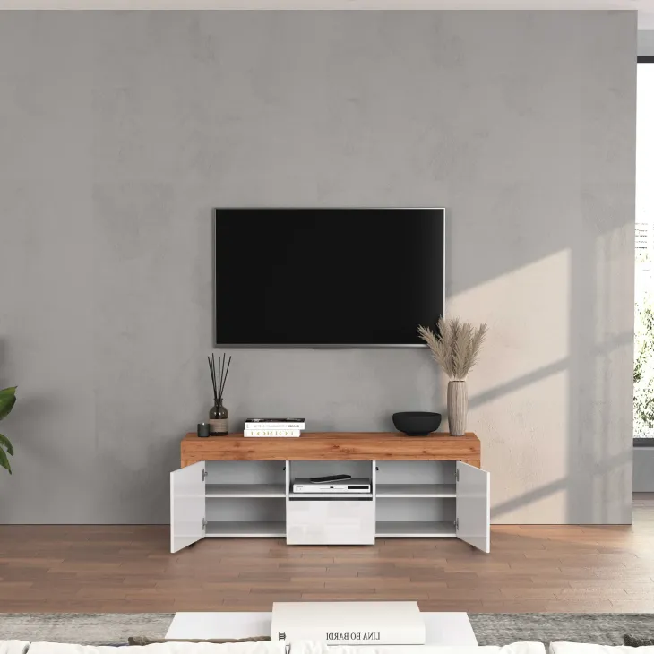 Mobile porta tv 155x51h cm bianco lucido rovere Block
