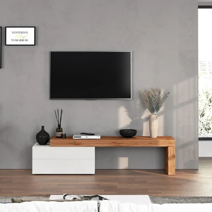 Mobile porta tv 210x51h cm bianco lucido rovere Block