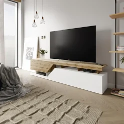 Mobile porta TV 200x47h cm design moderno rovere bianco Modesta