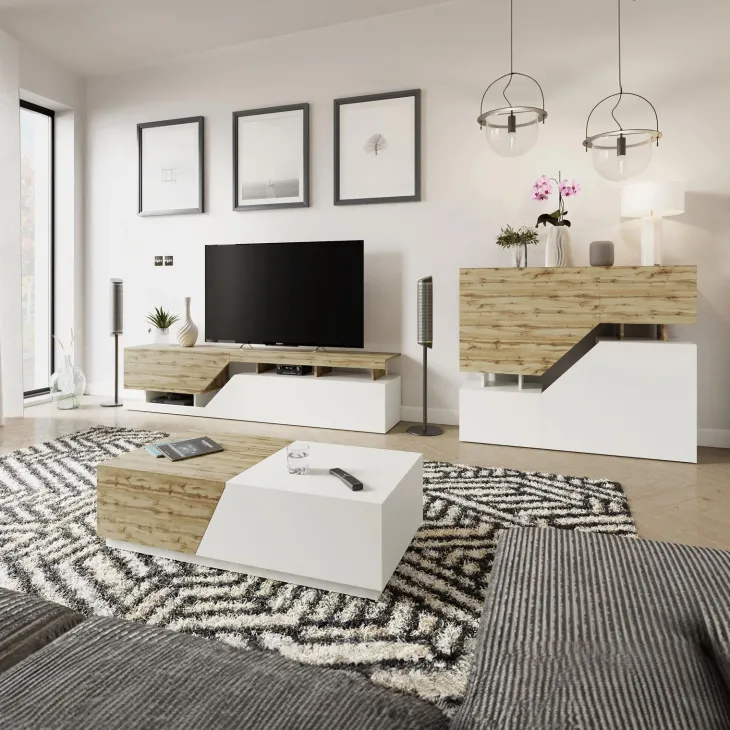 Mobile porta TV 200x47h cm design moderno rovere bianco Modesta
